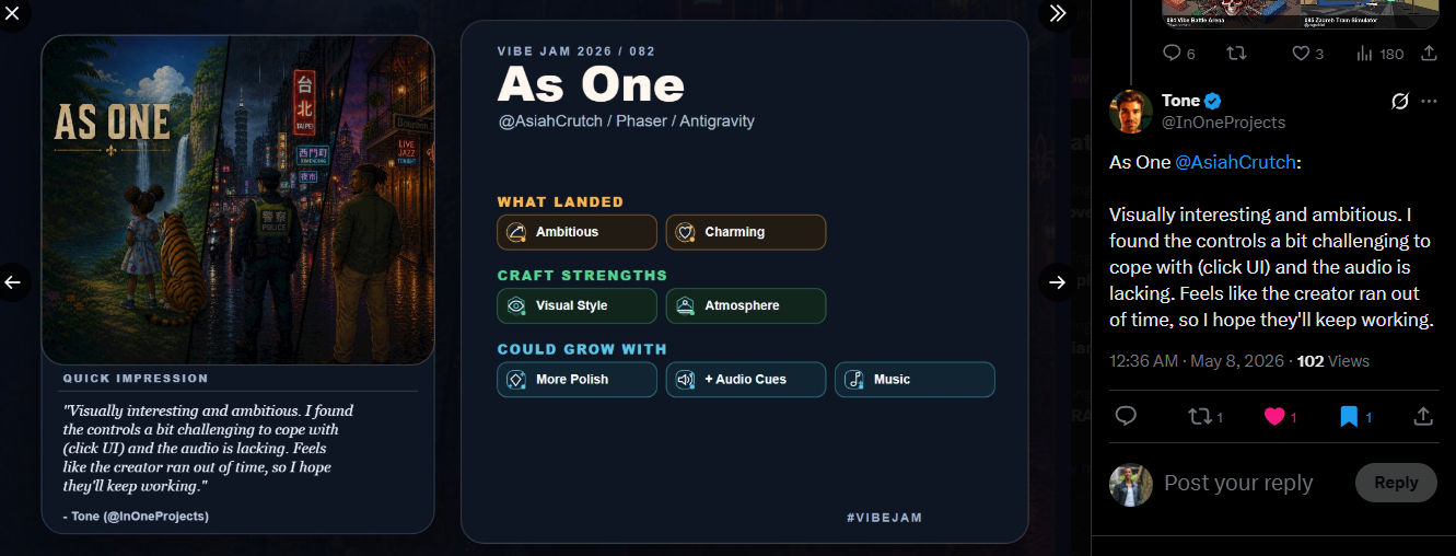 Screenshot of Vibe Jam judge feedback describing AS ONE as "visually interesting and ambitious" while noting challenging controls and lacking audio.